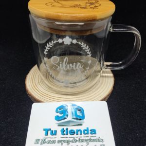 Taza doble pared en cristal tapa Bambú
